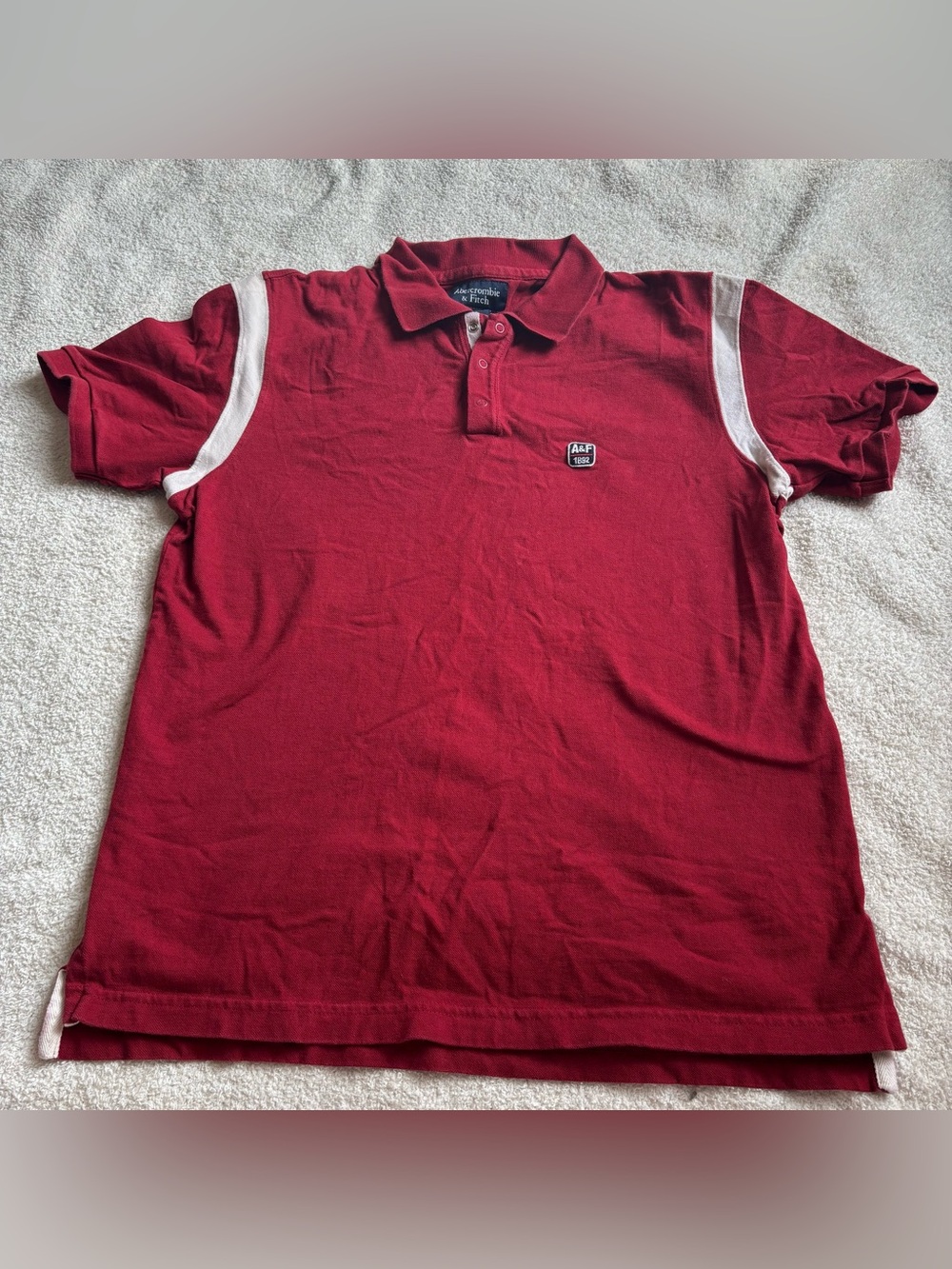 Abercrombie & Fitch Men's Burgundy Polo with White Sleeve Stripes